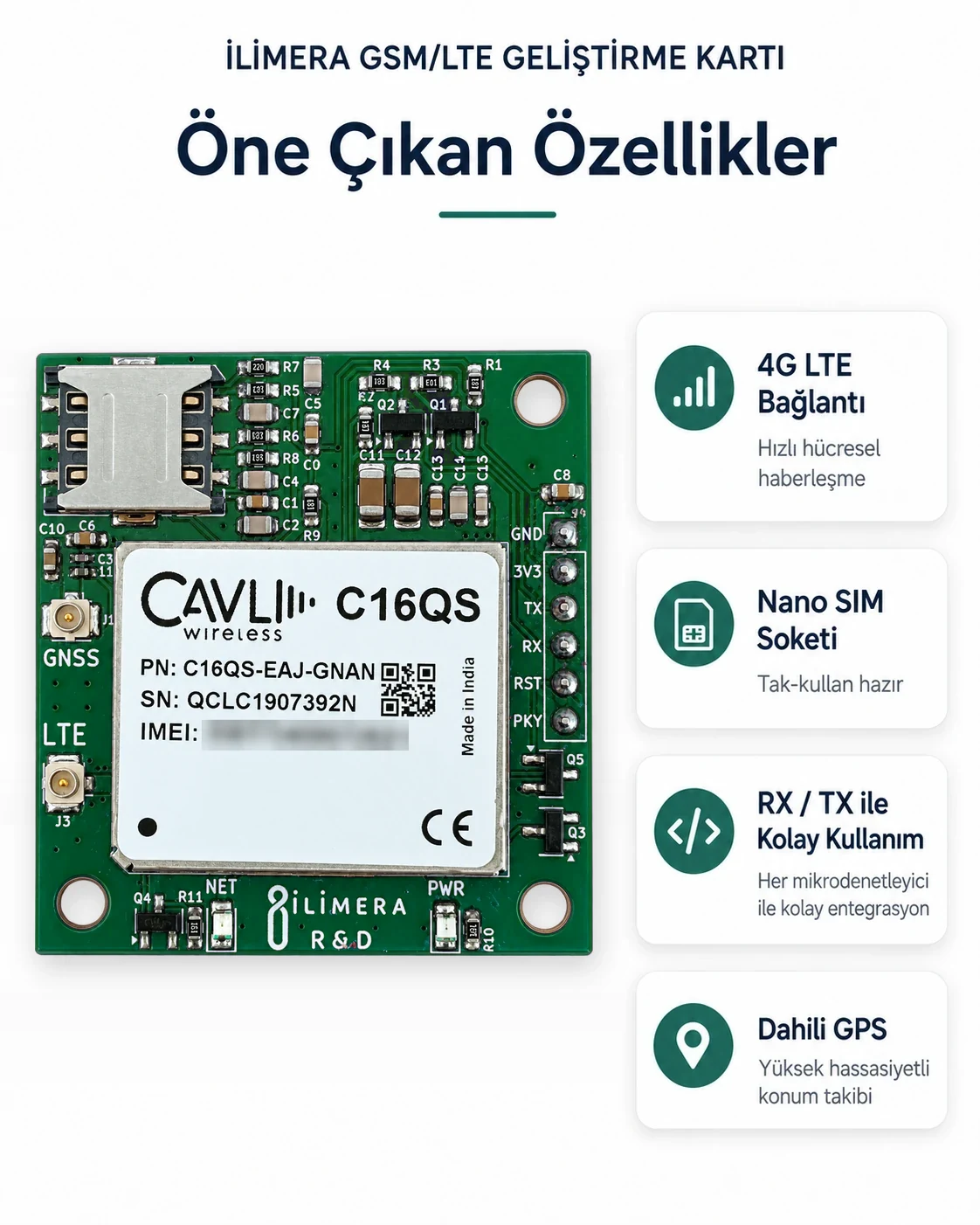 CAVLI GSM/LTE Devboard Dahili GPS geliştirme kartı ürün görseli